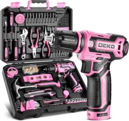 DEKO Werkzeugkoffer Gefüllt, 133-teilig Werkzeug Set für Reparaturen im Haushalt und Heimwerken, mit Bohrschrauber 12 V Akkuschrauber Bohren und Anziehen/Lösen von Schrauben, Rosa - 1