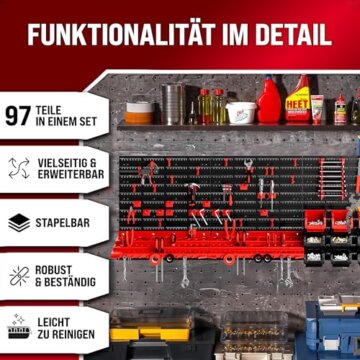 DEUBA® Werkzeugwand 190x54cm 97 tlg. 4 Starke Wandplatten Erweiterbar Werkstatt Lochwand Werkzeughalter Regal Stapelboxen - 2