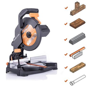 Evolution Gehrungssäge R210CMS | 1200 W Gehrungssäge | Inkl. Ø 210 mm HM-Sägeblatt Multi-Material-Schneiden Holz, Aluminium, Stahl, Kunststoff | 0°- 45° Fase und 45°- 45° Gehrungswinkel | Kappsäge - 2