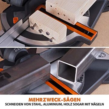 Evolution Gehrungssäge R210CMS | 1200 W Gehrungssäge | Inkl. Ø 210 mm HM-Sägeblatt Multi-Material-Schneiden Holz, Aluminium, Stahl, Kunststoff | 0°- 45° Fase und 45°- 45° Gehrungswinkel | Kappsäge - 5