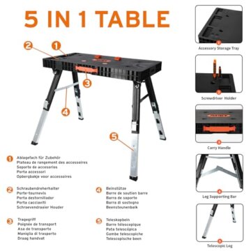 FUXTEC klappbare 5in1 Universal-Werkbank FX-WB – Werkbank/Arbeitstisch bis 150kg – höhenverstellbar bis 129x59x75cm – Transportroller mit Schubfächern – Werkstattbrett/Rollbrett - 4