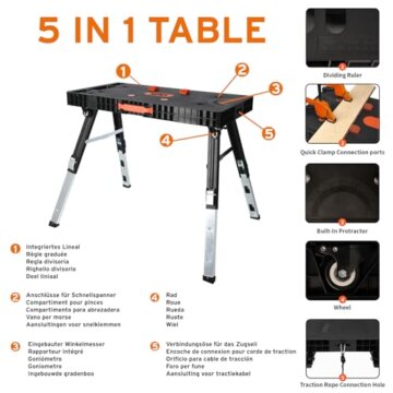 FUXTEC klappbare 5in1 Universal-Werkbank FX-WB – Werkbank/Arbeitstisch bis 150kg – höhenverstellbar bis 129x59x75cm – Transportroller mit Schubfächern – Werkstattbrett/Rollbrett - 5