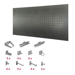 Güde Lochwand GL1200 Werkzeugwand mit 28tlg Hakenset, Hakensortiment, Werkzeughalter Halterungen Schwarz für Ordnung in der Werkstatt, Ganzstahl, Pulverbeschichtet, Eurolochung, aus Metall - 1