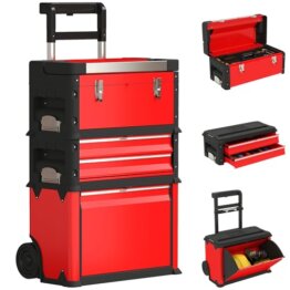 HOMCOM Werkstattwagen inkl. Koffer Werkzeugwagen leer mit 3 modularen Einheiten, Rollwagen zur Werkzeugaufbewahrung, Werkzeugkasten mit Griff, Stahl, Rot - 1