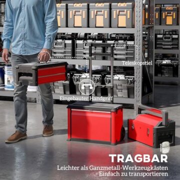 HOMCOM Werkstattwagen inkl. Koffer Werkzeugwagen leer mit 3 modularen Einheiten, Rollwagen zur Werkzeugaufbewahrung, Werkzeugkasten mit Griff, Stahl, Rot - 5