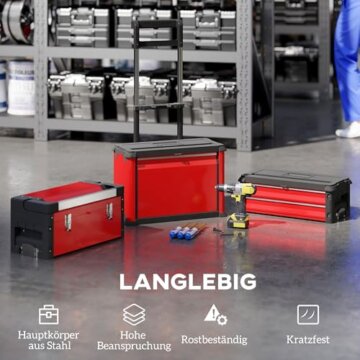 HOMCOM Werkstattwagen inkl. Koffer Werkzeugwagen leer mit 3 modularen Einheiten, Rollwagen zur Werkzeugaufbewahrung, Werkzeugkasten mit Griff, Stahl, Rot - 6