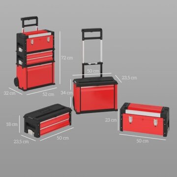 HOMCOM Werkstattwagen inkl. Koffer Werkzeugwagen leer mit 3 modularen Einheiten, Rollwagen zur Werkzeugaufbewahrung, Werkzeugkasten mit Griff, Stahl, Rot - 7