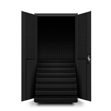 Jan Nowak Werkzeugschrank TC007 Werkstattschrank Garagenschrank 7 Schubladen Perforierte Rückwand Flügeltüren Pulverbeschichtet Metall 185 cm x 92 cm x 50 cm (Schwarz) - 1