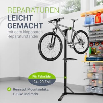 Juskys Fahrrad Reparaturständer, bis 50 kg für E-Bike, klappbar & höhenverstellbar, Klemmkopf 360° drehbar, Gummibeschichtung & Werkzeugablage, Schwerlast Fahrradständer für 24 bis 29 Zoll Fährräder - 2