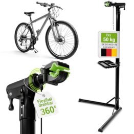 Juskys Fahrrad Reparaturständer, bis 50 kg für E-Bike, klappbar & höhenverstellbar, Klemmkopf 360° drehbar, Gummibeschichtung & Werkzeugablage, Schwerlast Fahrradständer für 24 bis 29 Zoll Fährräder - 1