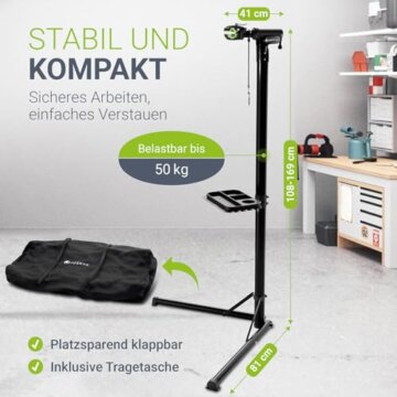 Juskys Fahrrad Reparaturständer, bis 50 kg für E-Bike, klappbar & höhenverstellbar, Klemmkopf 360° drehbar, Gummibeschichtung & Werkzeugablage, Schwerlast Fahrradständer für 24 bis 29 Zoll Fährräder - 5