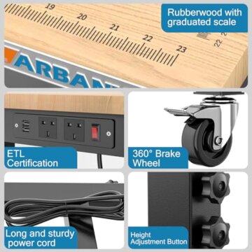 LARBANKE 120CM Schwerlast-Werkbank für die Garage,Gummi Holz Werkbank hat einstellbare 5 Verschiedene Höhen,Hartholz Arbeitstisch Gewicht Kapazität über 900KG,für Werkstatt,Garage, Büro,Haus - 2