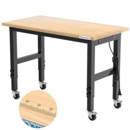 LARBANKE 120CM Schwerlast-Werkbank für die Garage,Gummi Holz Werkbank hat einstellbare 5 Verschiedene Höhen,Hartholz Arbeitstisch Gewicht Kapazität über 900KG,für Werkstatt,Garage, Büro,Haus - 1