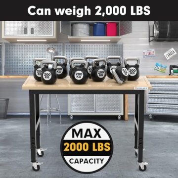 LARBANKE 120CM Schwerlast-Werkbank für die Garage,Gummi Holz Werkbank hat einstellbare 5 Verschiedene Höhen,Hartholz Arbeitstisch Gewicht Kapazität über 900KG,für Werkstatt,Garage, Büro,Haus - 5