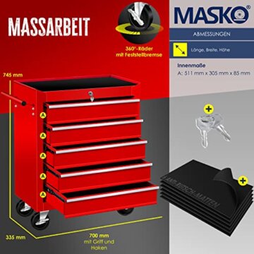 MASKO® Werkstattwagen - 5 Schubladen, Abschließbar | Massives Metall | Mobiler Werkzeug-Wagen ohne Werkzeug | Profi Werkstatt-Wagen unbestückt | Rollwagen zur Werkzeugaufbewahrung mit Schloss - 2