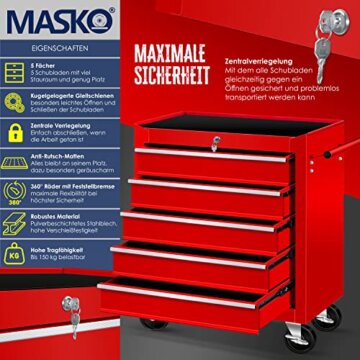 MASKO® Werkstattwagen - 5 Schubladen, Abschließbar | Massives Metall | Mobiler Werkzeug-Wagen ohne Werkzeug | Profi Werkstatt-Wagen unbestückt | Rollwagen zur Werkzeugaufbewahrung mit Schloss - 3