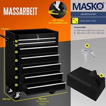 MASKO® Werkstattwagen - 7 Schubladen, schwarz | Abschließbar | Massives Metall | Mobiler Werkzeug-Wagen ohne Werkzeug | Profi Werkstatt-Wagen unbestückt| Rollwagen zur Werkzeugaufbewahrung mit Schloss - 2