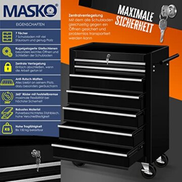 MASKO® Werkstattwagen - 7 Schubladen, schwarz | Abschließbar | Massives Metall | Mobiler Werkzeug-Wagen ohne Werkzeug | Profi Werkstatt-Wagen unbestückt| Rollwagen zur Werkzeugaufbewahrung mit Schloss - 3