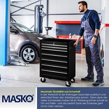 MASKO® Werkstattwagen - 7 Schubladen, schwarz | Abschließbar | Massives Metall | Mobiler Werkzeug-Wagen ohne Werkzeug | Profi Werkstatt-Wagen unbestückt| Rollwagen zur Werkzeugaufbewahrung mit Schloss - 7