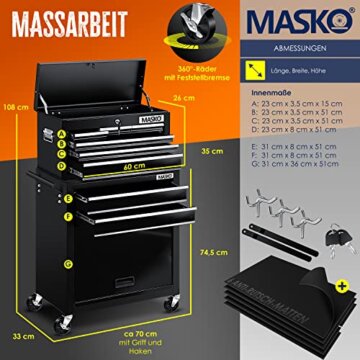 MASKO® Werkstattwagen inkl. Koffer - 9 Fächer Abschließbar | Massives Metall | Mobiler Werkzeug-Wagen ohne Werkzeug | Profi| Rollwagen zur Werkzeugaufbewahrung mit Schloss | Schwarz - 2