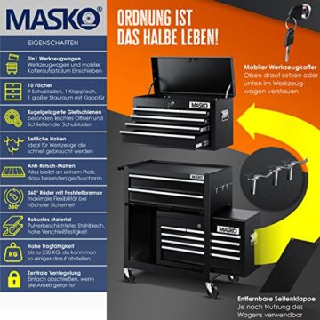 MASKO® Werkstattwagen inkl. Koffer - 9 Fächer Abschließbar | Massives Metall | Mobiler Werkzeug-Wagen ohne Werkzeug | Profi| Rollwagen zur Werkzeugaufbewahrung mit Schloss | Schwarz - 3
