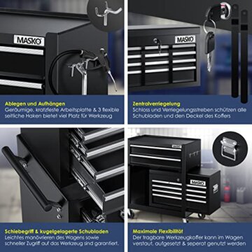 MASKO® Werkstattwagen inkl. Koffer - 9 Fächer Abschließbar | Massives Metall | Mobiler Werkzeug-Wagen ohne Werkzeug | Profi| Rollwagen zur Werkzeugaufbewahrung mit Schloss | Schwarz - 5