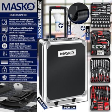 MASKO® Werkzeugkoffer 1400-teilig gefüllt | Werkzeugset im Aluminiumkoffer | Werkzeugkasten mit Rollen | Werkzeugkiste Haushalt, Haus, Hobby, KFZ | Trolley-Funktion | Werkzeugwagen Handwerkzeug - 2