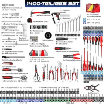 MASKO® Werkzeugkoffer 1400-teilig gefüllt | Werkzeugset im Aluminiumkoffer | Werkzeugkasten mit Rollen | Werkzeugkiste Haushalt, Haus, Hobby, KFZ | Trolley-Funktion | Werkzeugwagen Handwerkzeug - 3