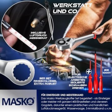 MASKO® Werkzeugkoffer 1400-teilig gefüllt | Werkzeugset im Aluminiumkoffer | Werkzeugkasten mit Rollen | Werkzeugkiste Haushalt, Haus, Hobby, KFZ | Trolley-Funktion | Werkzeugwagen Handwerkzeug - 5