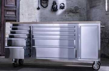 Ondis24 Edelstahl-Werkstattwagen Werkzeugwagen mit 10 Leichtlaufschubladen & XL-Massivholzarbeitsplatte, Lenkrollen, fahrbare Werkbank, unbestückt (Silber, 198 x 49 x 95 cm) - 2