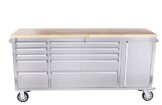 Ondis24 Edelstahl-Werkstattwagen Werkzeugwagen mit 10 Leichtlaufschubladen & XL-Massivholzarbeitsplatte, Lenkrollen, fahrbare Werkbank, unbestückt (Silber, 198 x 49 x 95 cm) - 1
