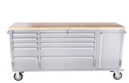 Ondis24 Edelstahl-Werkstattwagen Werkzeugwagen mit 10 Leichtlaufschubladen & XL-Massivholzarbeitsplatte, Lenkrollen, fahrbare Werkbank, unbestückt (Silber, 198 x 49 x 95 cm) - 1