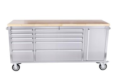 Ondis24 Edelstahl-Werkstattwagen Werkzeugwagen mit 10 Leichtlaufschubladen & XL-Massivholzarbeitsplatte, Lenkrollen, fahrbare Werkbank, unbestückt (Silber, 198 x 49 x 95 cm) - 1