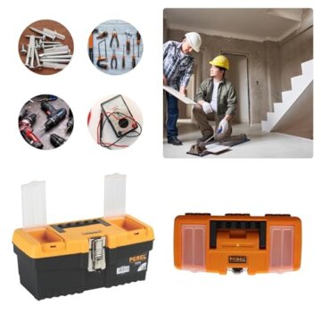 Perel Werkzeugkoffer Kunststoff leer, Werkzeugkasten leer, Werkzeugbox, Werkzeug Organizer Box, Tool Box, 2 Organizer im Deckel, Metallverschluss, schwarz/orange, 320 x 155 x 139 mm - 3