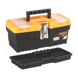 Perel Werkzeugkoffer Kunststoff leer, Werkzeugkasten leer, Werkzeugbox, Werkzeug Organizer Box, Tool Box, 2 Organizer im Deckel, Metallverschluss, schwarz/orange, 320 x 155 x 139 mm - 1