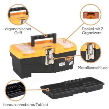 Perel Werkzeugkoffer Kunststoff leer, Werkzeugkasten leer, Werkzeugbox, Werkzeug Organizer Box, Tool Box, 2 Organizer im Deckel, Metallverschluss, schwarz/orange, 320 x 155 x 139 mm - 5
