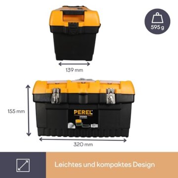Perel Werkzeugkoffer Kunststoff leer, Werkzeugkasten leer, Werkzeugbox, Werkzeug Organizer Box, Tool Box, 2 Organizer im Deckel, Metallverschluss, schwarz/orange, 320 x 155 x 139 mm - 6