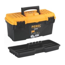 Perel Werkzeugkoffer Kunststoff, Werkzeugkasten leer, Werkzeugbox, Werkzeug Organizer Box, Tool Box, 2 Kunststoff-Verschlüsse, schwarz/orange, 410 x 209 x 195 mm - 1