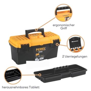 Perel Werkzeugkoffer Kunststoff, Werkzeugkasten leer, Werkzeugbox, Werkzeug Organizer Box, Tool Box, 2 Kunststoff-Verschlüsse, schwarz/orange, 410 x 209 x 195 mm - 5