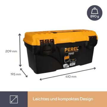 Perel Werkzeugkoffer Kunststoff, Werkzeugkasten leer, Werkzeugbox, Werkzeug Organizer Box, Tool Box, 2 Kunststoff-Verschlüsse, schwarz/orange, 410 x 209 x 195 mm - 6