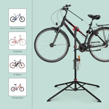 Relaxdays Fahrradmontageständer Reparaturständer mit Werkzeugablage – klappbar & höhenverstellbar – schwarzer Montageständer vierbeinig stabil mit festem Stand – Stahl pulverbeschichtet, 10017183, STANDARD - 7
