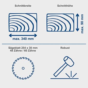 Scheppach HM254SPX Kappzugsäge inkl. 2.Sägeblatt - 2200W, Ø254mm | Schnittbreite/höhe: 340mm x 90mm | inkl. Laser | Aluauflagen, Drehtisch mit Schnellarretierung, Kappsäge Gehrungssäge - 3