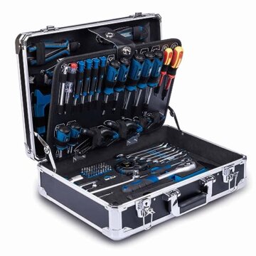 Scheppach TB200 Aluminium Werkzeugkoffer gefüllt 141-tlg Werkzeug Set | Werkstattkoffer bestückt mit Schraubenschlüssel, Hammer, Zange, Schraubenzieher, Werkzeugkiste für Werkstatt und Haushalt - 1