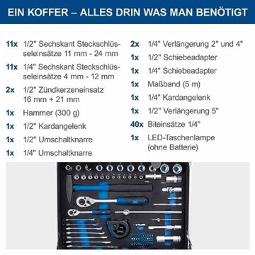Scheppach TB200 Aluminium Werkzeugkoffer gefüllt 141-tlg Werkzeug Set | Werkstattkoffer bestückt mit Schraubenschlüssel, Hammer, Zange, Schraubenzieher, Werkzeugkiste für Werkstatt und Haushalt - 7