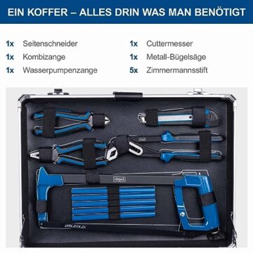 Scheppach TB200 Aluminium Werkzeugkoffer gefüllt 141-tlg Werkzeug Set | Werkstattkoffer bestückt mit Schraubenschlüssel, Hammer, Zange, Schraubenzieher, Werkzeugkiste für Werkstatt und Haushalt - 8