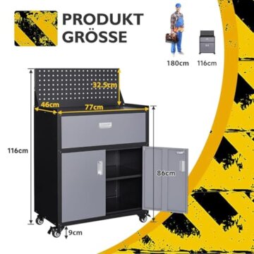 Sightlife Werkzeugschrank mit Schubladen Werkstattwagen Garagenschrank mit Rädern und 2 verschließbaren Türen, Garagentruhe ideal für Werkzeuge und Zubehör - 3