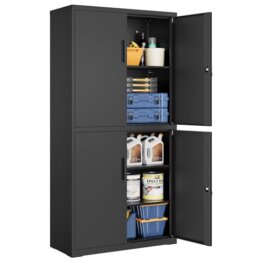 SONGMICS Aktenschrank, Mehrzweckschrank, Büroschrank, mit 4 Türen und 5 Ebenen, 40 x 80 x 180 cm, 2 Schlösser, verstellbare Ablagen, Aufbewahrungsschrank aus Stahl, Mattschwarz OMC016B01 - 1