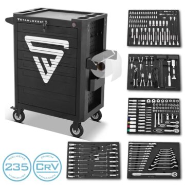 STAHLWERK Werkstattwagen SHARK bestückt mit 235 Premium-Werkzeugen aus Chrom-Vanadium abschließbarer Werkzeugwagen | Profi Montagewagen mit 7 Schubladen und gummierten Long-Life-Rollen - 4