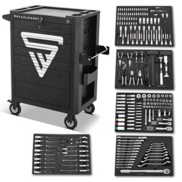 STAHLWERK Werkstattwagen SHARK bestückt mit 235 Premium-Werkzeugen aus Chrom-Vanadium abschließbarer Werkzeugwagen | Profi Montagewagen mit 7 Schubladen und gummierten Long-Life-Rollen - 1