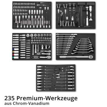 STAHLWERK Werkstattwagen SHARK bestückt mit 235 Premium-Werkzeugen aus Chrom-Vanadium abschließbarer Werkzeugwagen | Profi Montagewagen mit 7 Schubladen und gummierten Long-Life-Rollen - 6